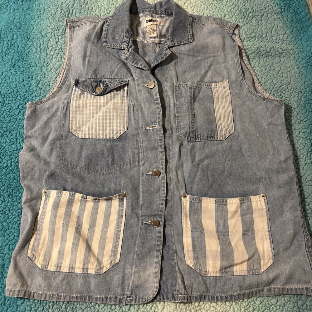Vintage 80s 90s Gitano Denim Vest Patchwork Mixed Striped Plaid Pockets Large